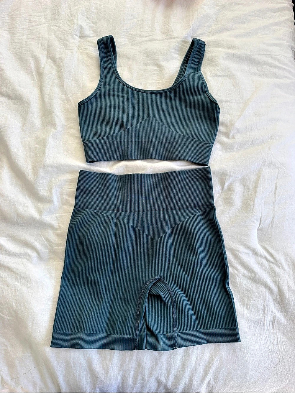 Ribbed Two-Piece Set in Blue Size Medium